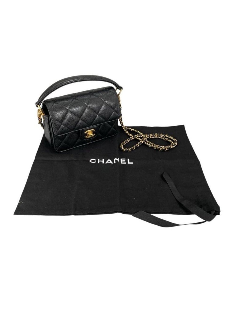 Chanel Caviar Leather Flap Bag Quilted Handle Mini Handbag Black